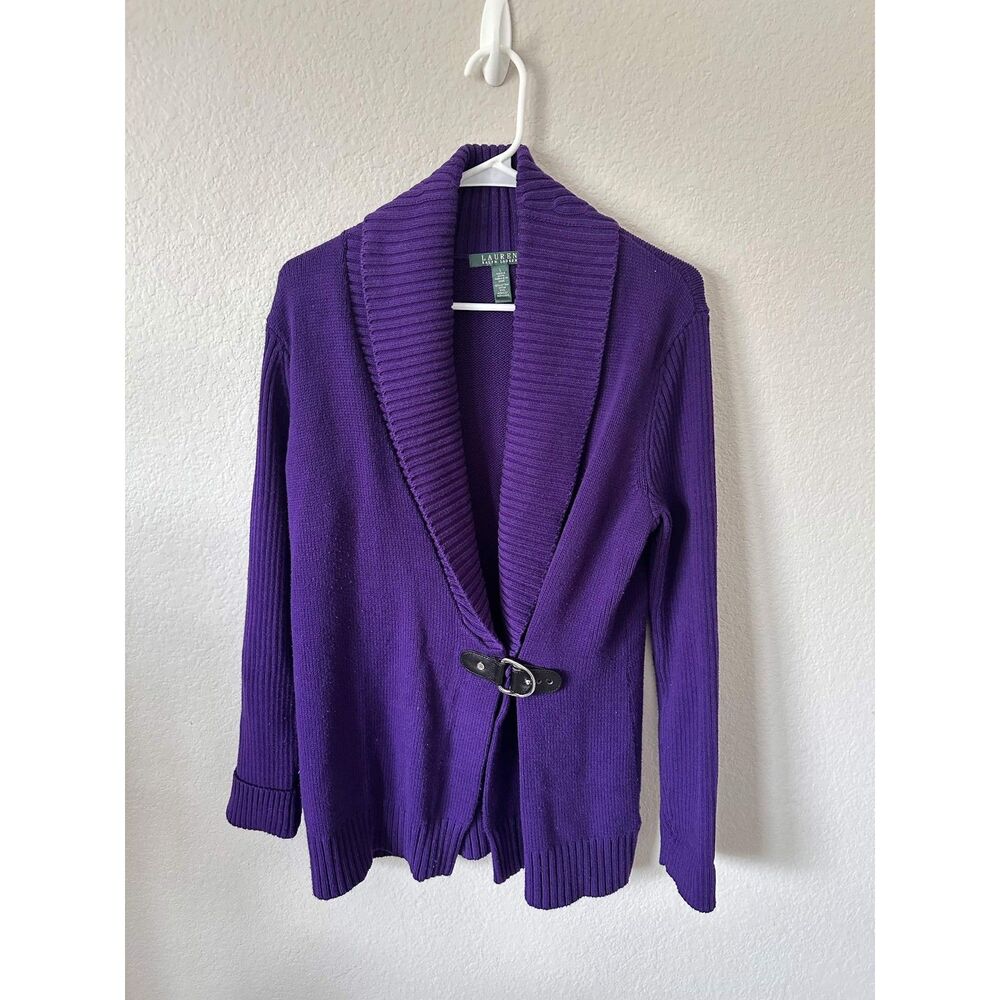 Lauren Ralph Lauren Womens L Purple Shawl Collar Leather Buckle Knit Cardigan